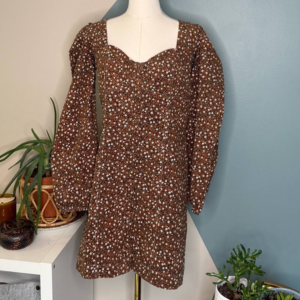 Free People Clementine Corduroy Mini Dress Brown Floral Puff Sleeve Size 10 NWT - Picture 2 of 13